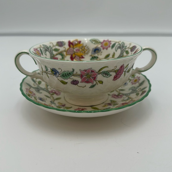 Minton Haddon Hall Chintz w Green Trim Soup Cream Bowl  with Stand - Picture 1 of 16